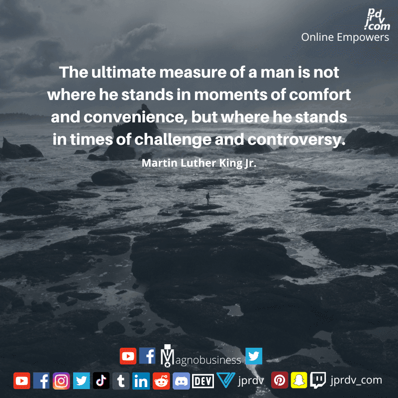 
"The ultimate measure of a man is not where he stand in the moment of comfort and convenience, but where he stands in times of challenge and controversy." ~ Martin Luther King Jr.
