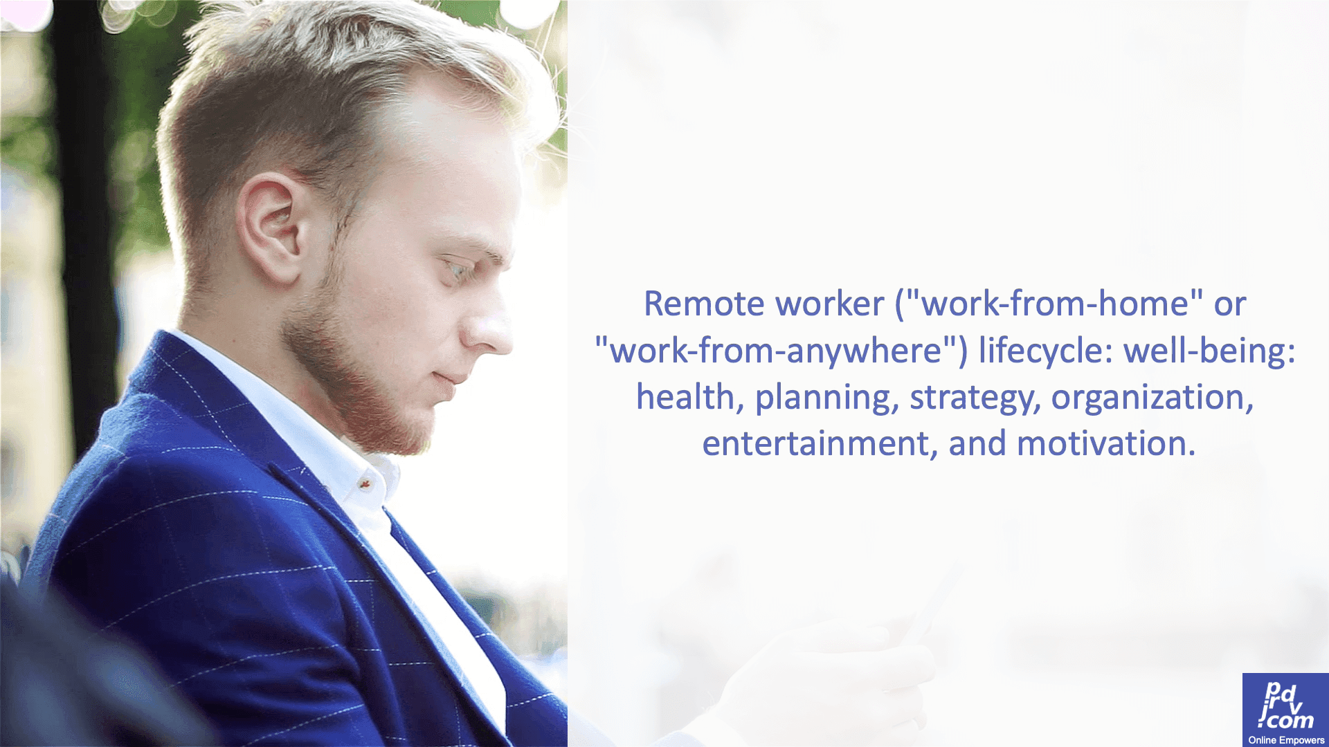 Remote worker (work-from-home or work-from-anywhere) lifecycle: well-being: health, planning, strategy, organization, entertainment, and motivation.